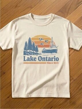 Vintage Cream Lake Ontario Graphic Tee with Blue and Orange Print